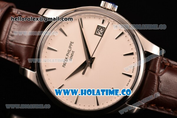 Patek Philippe Calatrava Miyota 9015 Automatic Steel Case with White Dial and Brown Leather Strap - Silver Stick Markers - Click Image to Close